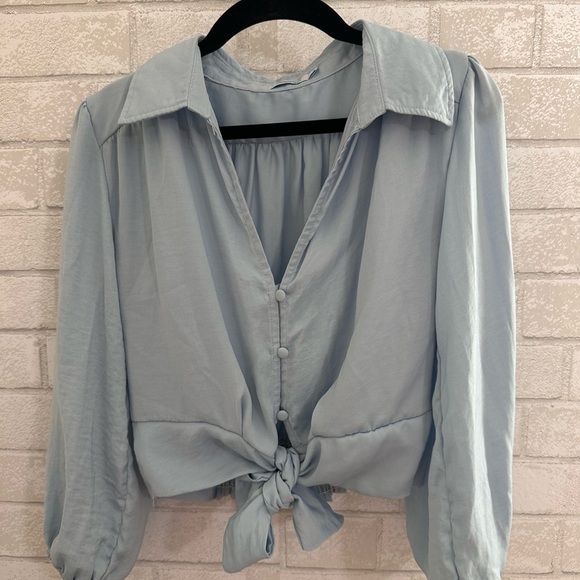 Valleygirl Satin Tie Front Blouse in Blue with Button-Down front - Picture 1 of 7